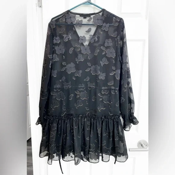 All Saints Black & Gold Embroidered Sheer Dress w/ Slip - Picture 3 of 7
